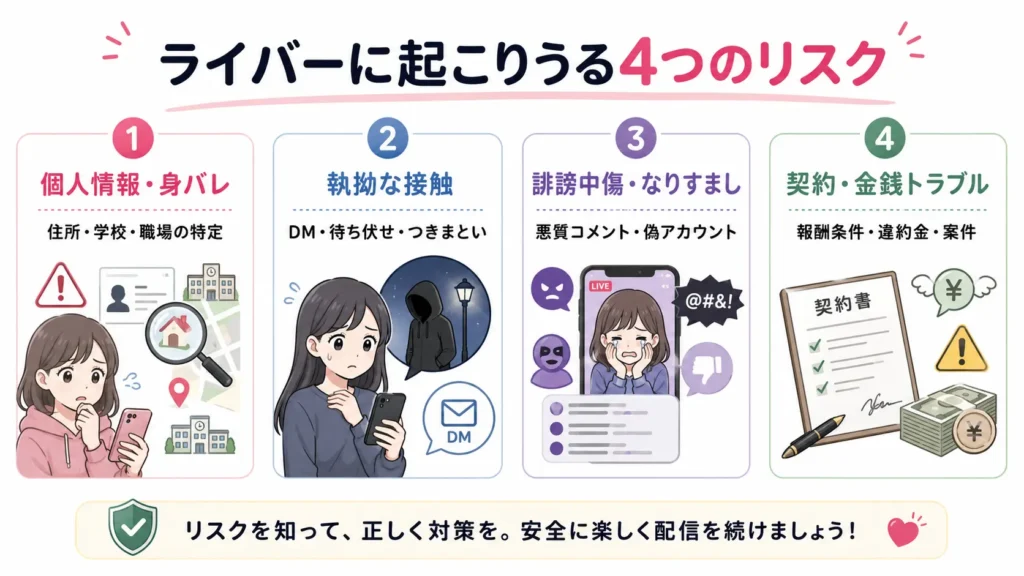 ライバーに起こりうる個人情報・執拗な接触・誹謗中傷・契約金銭の4つのリスク