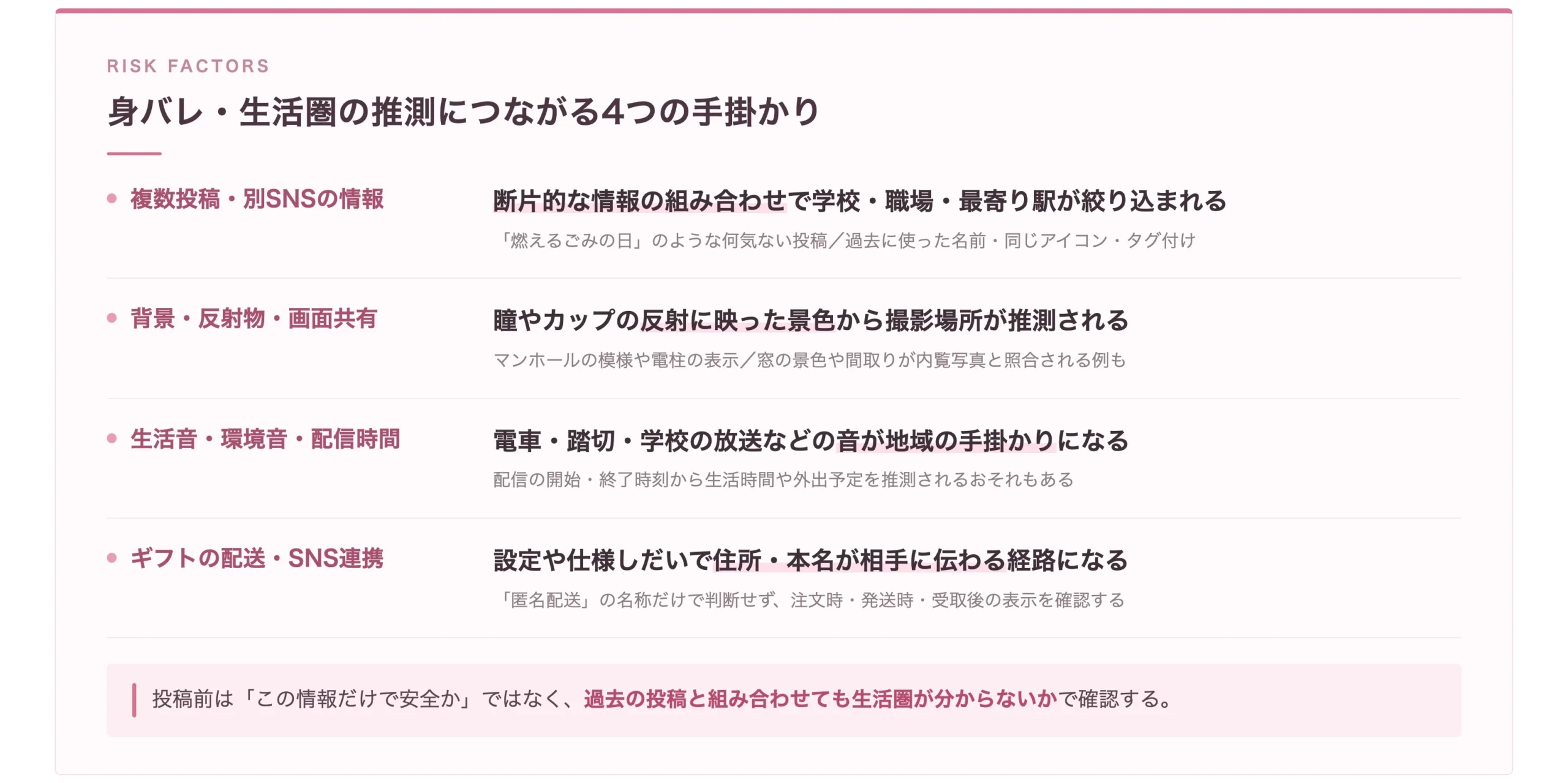 身バレ・生活圏の推測につながる複数投稿・背景の反射・生活音・ギフト配送の4つの手掛かり