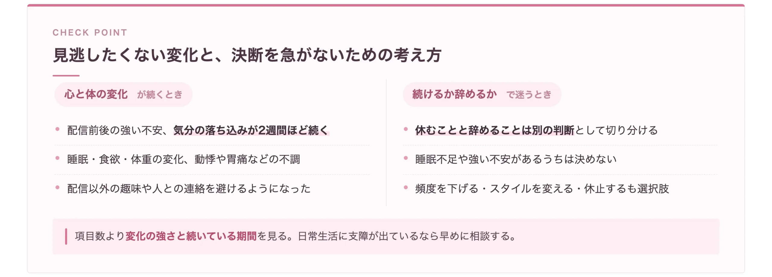 ライバーが休養や相談を考えたい心と体の変化と、続けるか辞めるかの判断