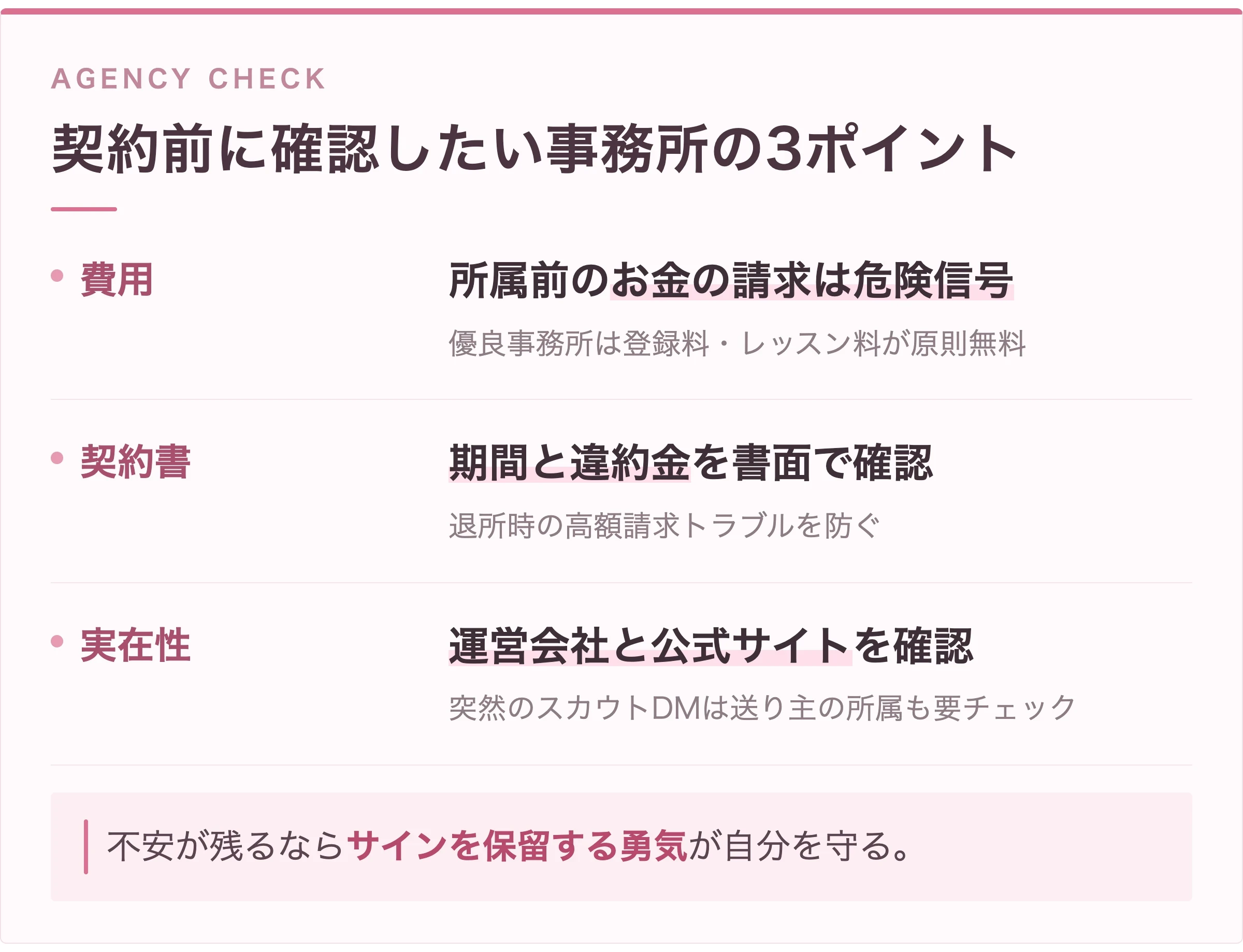 ライバー事務所を契約前に確認する3つのポイントの図解