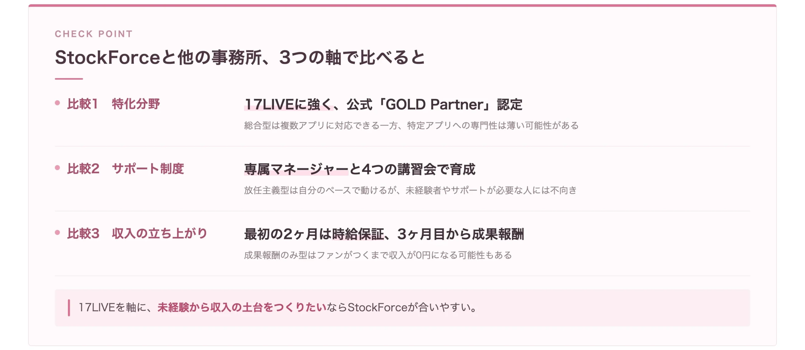 StockForceと他の事務所を3つの軸で比較