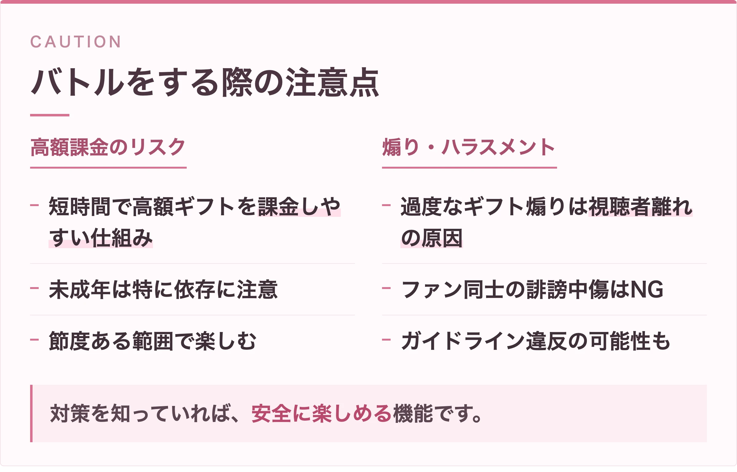 TikTokバトルをする際の注意点(高額課金・煽りハラスメント対策)の図解