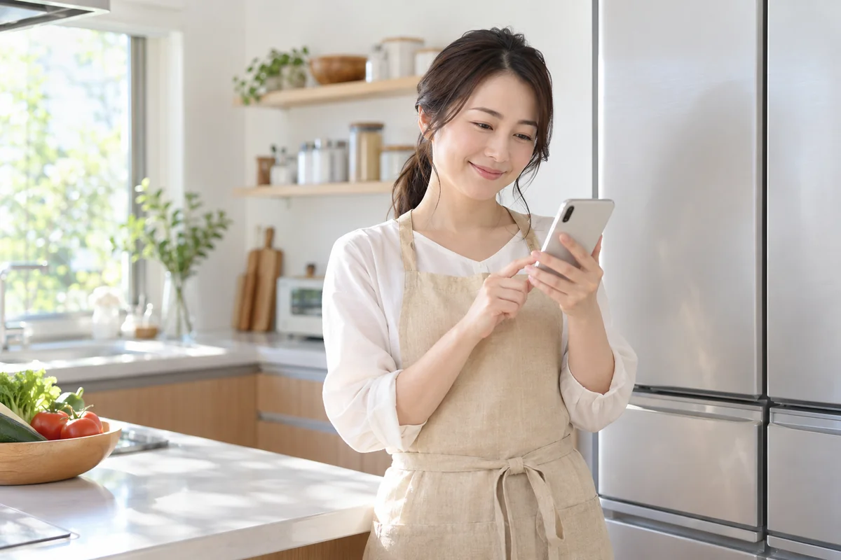 キッチンでスマートフォンを見て困りごとを解決する女性